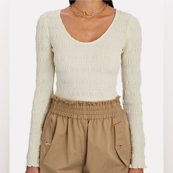 FRAME Smocked Scoop Neck Top Long Sleeve Cream Bone Stretch - Picture 1 of 10